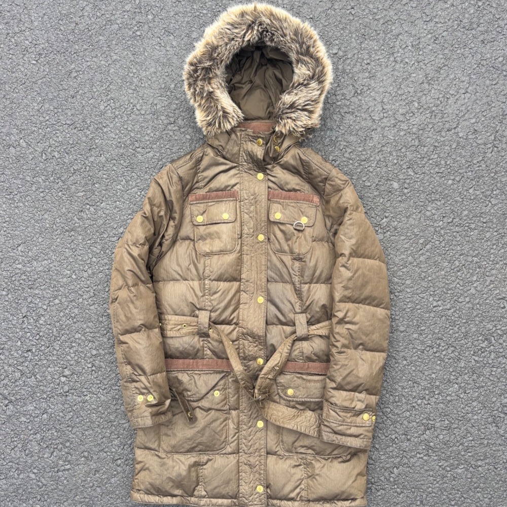 Barbour International Down Quilted Parka Brown Faux Fur Hood Belted Coat Women 6